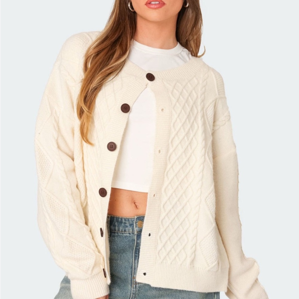 Edikted Cream Button-Up Cable Knit Cardigan
